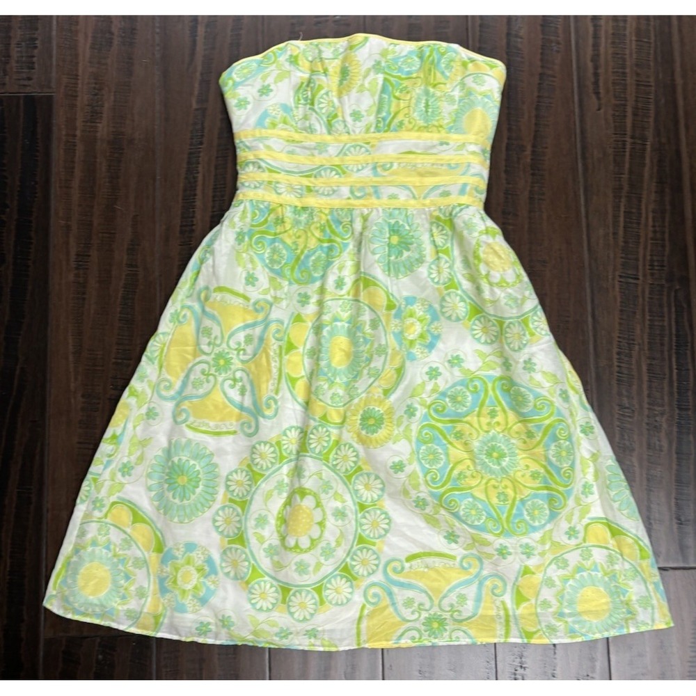 Lily Pulitzer Strapless Dress Womens 8 Spring Paisley Yellow Green Blue Preppy